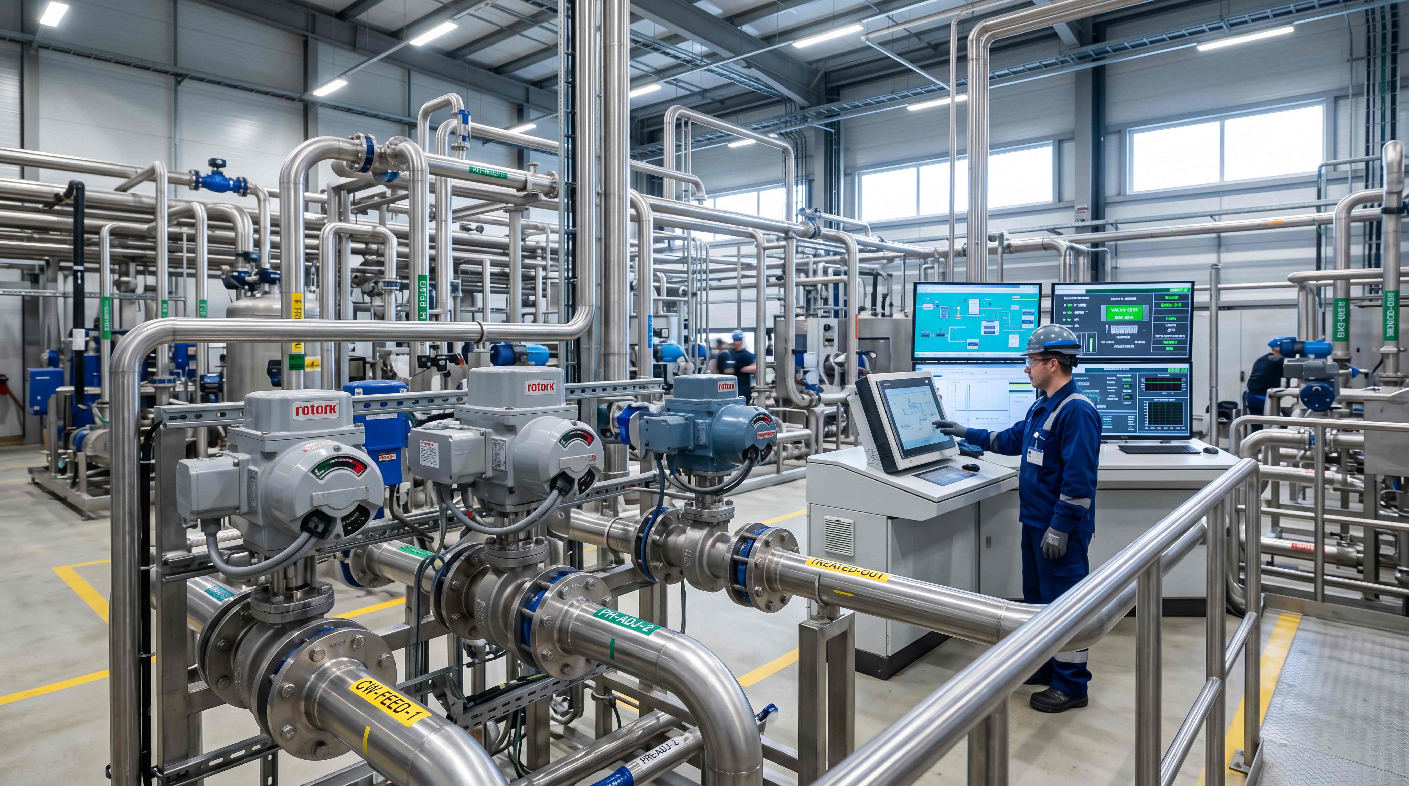 Automated valve system with electric actuators connected to an industrial control room